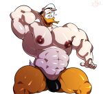  5_fingers abs anatid anseriform anthro avian beak big_muscles big_nipples bird black_thong bobthetanuki bulge clothed clothing disney donald_duck duck ducktales ducktales_(2017) eyes_closed fingers glistening glistening_body hand_behind_head hat headgear headwear huge_muscles male muscular muscular_anthro muscular_male navel nipples open_beak open_mouth pecs simple_background solo spread_legs spreading thick_thighs thong tongue topless underwear white_background white_body white_clothing white_hat white_headwear 