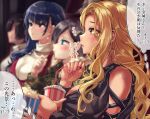  4girls bangs blonde_hair blush breasts commentary_request cup dark_skin drinking_straw food highres kinjyou_(shashaki) large_breasts lightning_bolt_earrings long_hair multiple_girls original parted_bangs parted_lips pink_nails popcorn shashaki short_hair tearing_up translation_request 