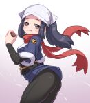  1girl :p ass beanie black_hair black_legwear black_sleeves cleanerjay closed_mouth cowboy_shot dawn_(pokemon) floating_scarf gradient gradient_background grey_eyes hat highres holding holding_poke_ball long_hair looking_at_viewer looking_to_the_side poke_ball pokemon pokemon_(game) pokemon_legends:_arceus red_scarf scarf sidelocks smile solo tongue tongue_out white_headwear 
