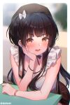  1girl bangs bare_arms beret black_hair black_headwear blurry blurry_background blush bow breasts brown_eyes brown_skirt cleavage collarbone commentary_request depth_of_field eyebrows_visible_through_hair hand_on_own_face hat idolmaster idolmaster_shiny_colors kuri_choko lips long_hair looking_at_viewer mayuzumi_fuyuko medium_breasts open_mouth shirt skirt solo twitter_username upper_teeth v-shaped_eyebrows very_long_hair white_bow white_shirt 