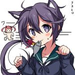  2girls akebono_(kancolle) animal_ears bell blue_sweater cat_day cat_ears commentary_request fang fish flower hair_bell hair_flower hair_ornament jingle_bell kantai_collection long_hair mouth_hold multiple_girls paw_pose purple_eyes purple_hair sazanami_(kancolle) school_uniform serafuku side_ponytail simple_background skin_fang solo_focus sweater takahiro_(rikky) upper_body very_long_hair white_background 