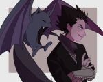  1boy black_hair commentary_request crossed_arms fangs fishnets floating_scarf from_side gen_1_pokemon golbat koga_(pokemon) male_focus p-40_(tukinosita-de) parted_lips pokemon pokemon_(creature) scarf smile spiked_hair upper_body 