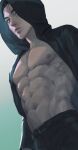  1boy abs bare_pecs black_jacket black_pants eren_yeager expressionless green_eyes highres hood hood_up hooded_jacket jacket looking_at_viewer male_focus muscular muscular_male navel nipples older open_clothes open_jacket otakumi_(user_krmf7787) pants pectorals shingeki_no_kyojin short_hair solo stomach 