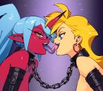  2girls bdsm black_gloves blonde_hair blue_eyes blue_hair bound_together breasts chain chained colored_skin colored_tongue demon_girl earrings elbow_gloves eyeshadow fang french_kiss gloves hoop_earrings horns jewelry kiss kneesocks_(psg) linked_collar long_tongue looking_at_viewer makeup multiple_girls nude optionaltypo out-of-frame_censoring panty_&amp;_stocking_with_garterbelt panty_(psg) pointy_ears ponytail purple_tongue red_skin ringed_eyes semi-rimless_eyewear sideboob single_horn small_breasts tongue tongue_out under-rim_eyewear upper_teeth yellow_eyes yuri 