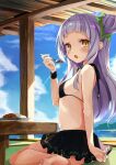  1girl absurdres bangs bare_shoulders barefoot beach bikini bikini_top black_bikini black_skirt blunt_bangs blush breasts choker cloud food food_on_face from_side full_body green_eyes hair_bun hair_ornament hand_up highres holding holding_spoon hololive long_hair looking_at_viewer looking_to_the_side murasaki_shion open_mouth pillar plate pleated_skirt purple_hair sideboob sidelocks sitting skirt sky small_breasts solo spoon stomach swimsuit table thighs toshizou_(0714) virtual_youtuber water wristband 