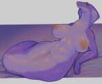 2021 animal_genitalia anthro apode areola blush breasts cloaca cobra draconcopode female genitals legless looking_at_viewer lying naga nipples on_side orange_eyes puffy_areola puffy_nipples purple_body purple_scales reptile scales scalie serpentine snake snake_hood solo solterv 