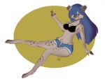  anonymous_artist anthro blue_hair breasts clothed clothing elza_(ishuzoku_reviewers) female fur grey_body grey_fur hair hair_over_eye hyaenid ishuzoku_reviewers mammal one_eye_obstructed solo 