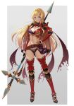  1girl absurdres armor belt blonde_hair blue_eyes breasts brown_belt cleavage full_body gauntlets granblue_fantasy grey_background hair_down hand_on_hip highres holding holding_spear holding_weapon koyaya long_hair looking_at_viewer medium_breasts multicolored_hair navel polearm red_armor smile solo spear standing thighs two-tone_hair weapon white_background zeta_(granblue_fantasy) 