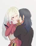  2girls absurdres bangs biting black_shirt blush breasts byleth_(fire_emblem) byleth_(fire_emblem)_(female) collared_dress commentary_request couple dark_blue_hair dress edelgard_von_hresvelg embarrassed eyebrows_visible_through_hair finger_biting fire_emblem fire_emblem:_three_houses from_behind highres hug licking long_hair multiple_girls neck_licking one_eye_closed open_mouth puffy_short_sleeves puffy_sleeves purple_eyes red_dress riromomo shirt short_sleeves side_ponytail sidelocks simple_background upper_body white_background white_hair yuri 