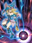  1girl bangs blonde_hair blue_footwear boots breasts cleavage commentary_request dark_magician_girl duel_monster energy_ball eyelashes hair_between_eyes hat hijiri-tukasa holding holding_wand long_hair open_mouth solo wand yu-gi-oh! 