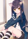  amamiya_chiharu animal_ears bell black_hair cat_ears cat_tail hair_ornament indoors jacket long_hair neck_bell original shorts sidelocks sitting striped striped_legwear tail yellow_eyes 