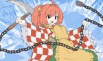  1girl apron bell buttons chain character_name checkered clothes_writing eyebrows_visible_through_hair eyes_visible_through_hair hair_bell hair_ornament holding holding_weapon japanese_clothes kikoka_(mizuumi) kimono kusarigama long_hair motoori_kosuzu open_mouth red_eyes red_hair romaji_text sickle sketch smile solo teeth touhou twintails two_side_up weapon 