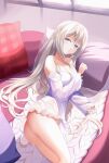  1girl absurdres azur_lane bare_legs blue_eyes breasts cleavage closed_mouth collarbone eyebrows_visible_through_hair heterochromia highres long_hair looking_at_viewer lying medium_breasts murmansk_(azur_lane) murmansk_(sceneries_of_pure_snow)_(azur_lane) nightgown no_panties on_side pillow platinum_blonde_hair proverbs_zhenyan purple_eyes solo thighs white_nightgown 