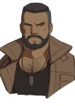  1boy absurdres bara barret_wallace beard black_hair black_tank_top brown_jacket buzz_cut chest_hair cropped_shoulders dark_skin dark_skinned_male dog_tags expressionless facial_hair final_fantasy final_fantasy_vii highres jacket large_pectorals male_cleavage male_focus mature_male muscular muscular_male ryker scar scar_on_cheek scar_on_face short_hair solo tank_top undercut very_short_hair white_background 