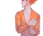  1boy adjusting_sleeves buttons collared_shirt commentary_request facial_hair long_sleeves looking_to_the_side lysandre_(pokemon) male_focus orange_hair orange_shirt p-40_(tukinosita-de) pokemon pokemon_(game) pokemon_xy shirt sketch solo spiked_hair team_flare upper_body 