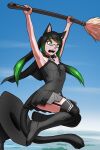  2021 absurd_res black_clothing bottomwear broom cat_tail cleaning_tool clothing day detailed_background digital_media_(artwork) eyebrows eyelashes female flying green_eyes green_hair hair hi_res magic mykegreywolf open_mouth outside skirt sky teeth tongue 