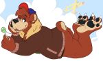  anthro bedroom_eyes big_butt bottomless butt candy clothed clothing dessert disney ducktales ducktales_(2017) food hat headgear headwear hi_res jacket kit_cloudkicker lollipop male mammal narrowed_eyes naughty_face pawpads seductive slightly_chubby solo talespin tbid topwear ursid 