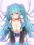  aqua_eyes aqua_hair areola_slip areolae artist_name bare_shoulders black_choker blue_eyes blue_hair blush breasts choker cleavage collarbone drawstring floating_hair halkawa501 hatsune_miku highres large_breasts leaning_forward long_hair long_sleeves looking_at_viewer navel no_pants open_clothes simple_background smile tagme twintails very_long_hair vocaloid white_background zipper zipper_pull_tab 