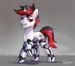  2021 black_mane black_tail blackjack_(fallout_equestria) crossgender cutie_mark cybernetic_leg cybernetic_limb cybernetics cyborg english_text equid equine fallout_equestria fan_character feral fur grey_background hasbro hi_res hooves horn inner_ear_fluff jedayskayvoker looking_at_viewer machine male mammal mane multicolored_mane multicolored_tail my_little_pony project_horizons quadruped raised_hoof red_eyes red_mane red_tail signature simple_background solo standing stubble text tuft unicorn white_body white_fur 