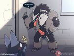  &lt;3 animal_genitalia animal_penis anthro balls blue_body blue_fur blush bodily_fluids canid canine cum digital_media_(artwork) duo english_text erection fur genital_fluids genitals hair ijpalette-color knot lucario male male/male mammal nintendo nude obstagoon open_mouth patreon penis pok&eacute;mon pok&eacute;mon_(species) sex simple_background size_difference teeth text tongue tongue_out video_games 