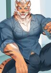  5_fingers anthro beverage_can blue_bottomwear blue_clothing blue_eyes blue_pants blue_shirt blue_topwear blush bottomwear chung0_0 clothed clothing felid fingers fur hi_res holding_can lin_hu looking_at_viewer male mammal muscular muscular_anthro muscular_male nekojishi open_mouth open_smile orange_body orange_fur pantherine pants pecs shirt smile solo studio_klondike tiger topwear video_games visual_novel 