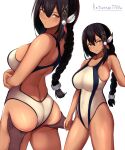  1girl alternate_costume artist_name ass ass_grab azur_lane backless_swimsuit bare_shoulders black_hair braid breasts competition_swimsuit covered_navel dark_skin dark_skinned_female hair_between_eyes hair_ornament highres impossible_clothes impossible_swimsuit katsuragi_nantoka large_breasts long_hair native_american one-piece_swimsuit simple_background south_dakota_(azur_lane) swimsuit swimwear white_background white_swimsuit yellow_eyes 