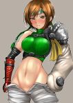  1girl :/ blush brown_hair commentary crop_top elbow_gloves final_fantasy final_fantasy_vii final_fantasy_vii_remake fingerless_gloves forehead_protector gloves headband highres navel open_fly pochiiru_(uowou) short_hair shorts shorts_pull single_sleeve sleeveless sleeveless_turtleneck solo stomach strap sweat turtleneck undressing yuffie_kisaragi 