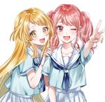  2girls :d ;d akaneya-ya bang_dream! bangs blonde_hair blue_neckwear blush commentary_request diagonal_bangs eyebrows_visible_through_hair hanasakigawa_school_uniform hand_on_another&#039;s_shoulder long_hair looking_at_viewer maruyama_aya medium_hair multiple_girls neckerchief one_eye_closed open_mouth pink_eyes pink_hair sailor_collar school_uniform serafuku short_sleeves short_twintails sidelocks simple_background smile standing swept_bangs tsurumaki_kokoro twintails upper_body v white_background yellow_eyes 