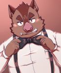  2021 anthro bawp blush bow_tie brown_body brown_fur clothing fur hermann_(knights_college) hi_res humanoid_hands kemono knights_college male mammal overweight overweight_male shirt solo suid suina sus_(pig) topwear video_games visual_novel wild_boar 