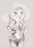  absurd_res anthro bottomwear bra clothed clothing disney ears_down female fuchs genitals hands_on_hips hi_res judy_hopps lagomorph leporid mammal monochrome navel open_shorts partially_clothed pivoted_ears portrait pussy rabbit shorts simple_background sketch smile solo sun_hat three-quarter_portrait traditional_media_(artwork) underwear unzipped zipper zootopia 
