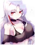  1girl azur_lane bare_shoulders black_bra black_tank_top blush bra bra_strap breasts cleavage closed_mouth collarbone eyebrows_visible_through_hair highres large_breasts long_hair looking_at_viewer mole mole_on_breast multicolored_hair official_alternate_costume red_eyes reizouko silver_hair solo_focus tallinn_(azur_lane) tallinn_(nostalgic_pilsner)_(azur_lane) tank_top underwear white_background 