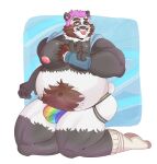  2021 anthro black_body black_fur blush clothing fur giant_panda hi_res humanoid_hands jockstrap male mammal milkysodaa moobs nipples one_eye_closed overweight overweight_anthro overweight_male solo tongue tongue_out underwear ursid white_body white_fur wink 