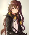  1girl black_jacket black_ribbon brown_eyes brown_hair buran_(22x) closed_mouth eyebrows_visible_through_hair girls_frontline gun h&amp;k_ump hair_ornament holding holding_weapon jacket long_hair looking_at_viewer neck_ribbon open_clothes open_jacket ribbon scar scar_across_eye shirt simple_background solo submachine_gun ump45_(girls_frontline) weapon white_shirt 