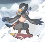  anthro armor avian black_body black_feathers blue_body blue_feathers breath_of_the_wild feathers hi_res leather leather_armor male mountain nintendo ravizo rito shield snow snow_pounder_(artist) solo surfing the_legend_of_zelda video_games wind 