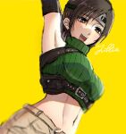  1girl :d arm_up armpits blurry breasts brown_eyes brown_hair brown_shorts character_name commentary cropped_sweater depth_of_field dutch_angle final_fantasy final_fantasy_vii final_fantasy_vii_remake green_sweater headband highres looking_ahead medium_breasts midriff navel open_fly open_mouth ribbed_sweater short_hair shorts simple_background sleeveless sleeveless_turtleneck smile solo sweater turtleneck turtleneck_sweater upper_body upper_teeth yellow_background yuffie_kisaragi yuno_ff 
