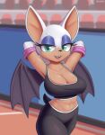  2021 absurd_res big_breasts bodily_fluids breasts chiropteran clothing cooliehigh female green_eyes hi_res looking_at_viewer mammal membrane_(anatomy) membranous_wings rouge_the_bat sonic_the_hedgehog_(series) sweat wings 
