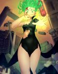  1girl absurdres bare_legs black_dress blood blood_on_face breasts curly_hair dress from_below green_eyelashes green_eyes green_hair highres impossible_clothes impossible_dress injury looking_down md5_mismatch no_panties one-punch_man short_hair side_slit small_breasts solo tatsumaki thighs torn_clothes torn_dress 