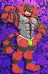  3_toes abs anthro biceps black_body black_fur bulge chest_tuft clothed clothing feet flexing fur green_clothing green_eyes green_underwear hi_res incineroar jockstrap male muscular muscular_anthro muscular_male nintendo nipples omegaro one_eye_closed outline pecs pok&eacute;mon pok&eacute;mon_(species) red_body red_fur smile smirk solo toes topless tuft underwear video_games wink yellow_sclera 