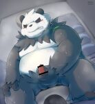  2019 anthro balls belly biped blush bodily_fluids censored cum cum_on_hand ejaculation genital_fluids genitals hi_res humanoid_hands leaf male mammal moobs nintendo overweight overweight_anthro overweight_male pangoro penis pok&eacute;mon pok&eacute;mon_(species) sitting solo video_games wanisuke 