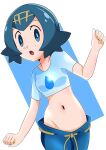  1girl baggy_pants bangs blue_eyes blue_hair blue_pants copyright crop_top groin hainchu hairband highres lana_(pokemon) loose_pants lowleg lowleg_pants midriff navel no_panties open_mouth pants pokemon sagging_pants water_drop 