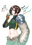  1girl absurdres armor bracer brown_eyes brown_gloves brown_hair brown_shorts clenched_hand commentary copyright_name cropped_sweater final_fantasy final_fantasy_vii final_fantasy_vii_remake gloves green_sweater headband highres holding kanehira_(nowisima) looking_at_viewer materia midriff moogle navel open_fly ribbed_sweater short_hair shorts sleeveless sleeveless_turtleneck smile solo standing striped sweater turtleneck turtleneck_sweater upper_body v white_background yuffie_kisaragi 