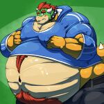  2018 anthro belly big_belly big_muscles blush bobert bodily_fluids bottomwear bowser clothing collar hair hi_res hoodie horn huge_muscles hyper hyper_belly hyper_muscles koopa looking_at_viewer male mario_bros musclegut muscular navel nintendo nipples pants red_hair reptile scalie solo spiked_collar spikes sweat sweatdrop topwear video_games 