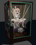  3d_(artwork) anthro bdsm bondage bound breasts canid canine canis clitoris_clamp coin_slot digital_media_(artwork) display_case domestic_dog electrostimulation fay female floppy_ears fluffy fluffy_tail fur genitals grey_body grey_fur hair hi_res mammal neck_tuft nipple_clamp pink_hair pussy restrained runes solo spots spotted_body spotted_fur tuft yvem 