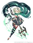  1girl :d absurdres boots breasts crystal dress elbow_gloves eyebrows_visible_through_hair full_body gloves green_dress green_hair hair_ornament hairclip highres holding holding_spear holding_weapon horns ji_no little_match_girl_(sinoalice) looking_at_viewer official_art open_mouth polearm red_eyes scarf short_hair single_horn sinoalice small_breasts smile solo spear square_enix thigh_boots thighhighs weapon white_background 