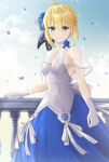  1girl ahoge artoria_pendragon_(all) bare_arms bare_shoulders blonde_hair blue_dress bow braid braided_bun breasts capelet cleavage closed_mouth cowboy_shot dress fate/grand_order fate/stay_night fate_(series) floral_print flower gloves green_eyes hair_bow hair_flower hair_ornament highres light_blush looking_at_viewer looking_down official_alternate_costume petals saber see-through see-through_capelet simple_background sleeveless sleeveless_dress smile solo tsurupy two-tone_dress v-shaped_eyebrows white_dress white_gloves 