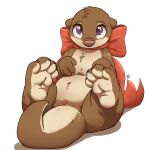  2021 absurd_res anthro brown_body brown_fur featureless_crotch feet female fingers fur head_tuft hi_res looking_at_viewer louart lutrine mammal mustelid nude purple_eyes signature simple_background solo toes tuft white_background 