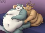  anthro antlers beastars bed belly big_belly canid canine canis cervid dessert doughnut fat_arms feeding fondling food furniture hi_res horn hyper hyper_belly legoshi_(beastars) louis_(beastars) male male/male mammal moobs morbidly_obese morbidly_obese_male navel obese obese_male overweight overweight_male thick_thighs wenisberry wolf 