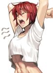 1girl abs absurdres arms_up blush closed_eyes han_soo-min_(hanny) hanny_(uirusu_chan) highres midriff navel open_mouth original red_hair shirt short_hair short_sleeves sketch solo white_background white_shirt yawning 
