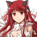 1girl animal_ears bangs bikini bow breasts cat_ears cleavage closed_mouth commentary_request eyebrows_visible_through_hair feathered_wings hair_bow long_hair looking_at_viewer medium_breasts natsuya_(kuttuki) ragnarok_online red_bow red_eyes red_hair simple_background smile solo swimsuit upper_body wanderer_(ragnarok_online) white_background white_bikini white_wings wings yin_yang yin_yang_hair_ornament 