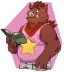  2021 anthro biped book bottomwear brown_body brown_fur clothing fur hi_res leo_zeke male mammal overweight overweight_male pants password_(visual_novel) reading roswell_(password) shirt solo suid suina sus_(pig) topwear video_games visual_novel wild_boar 